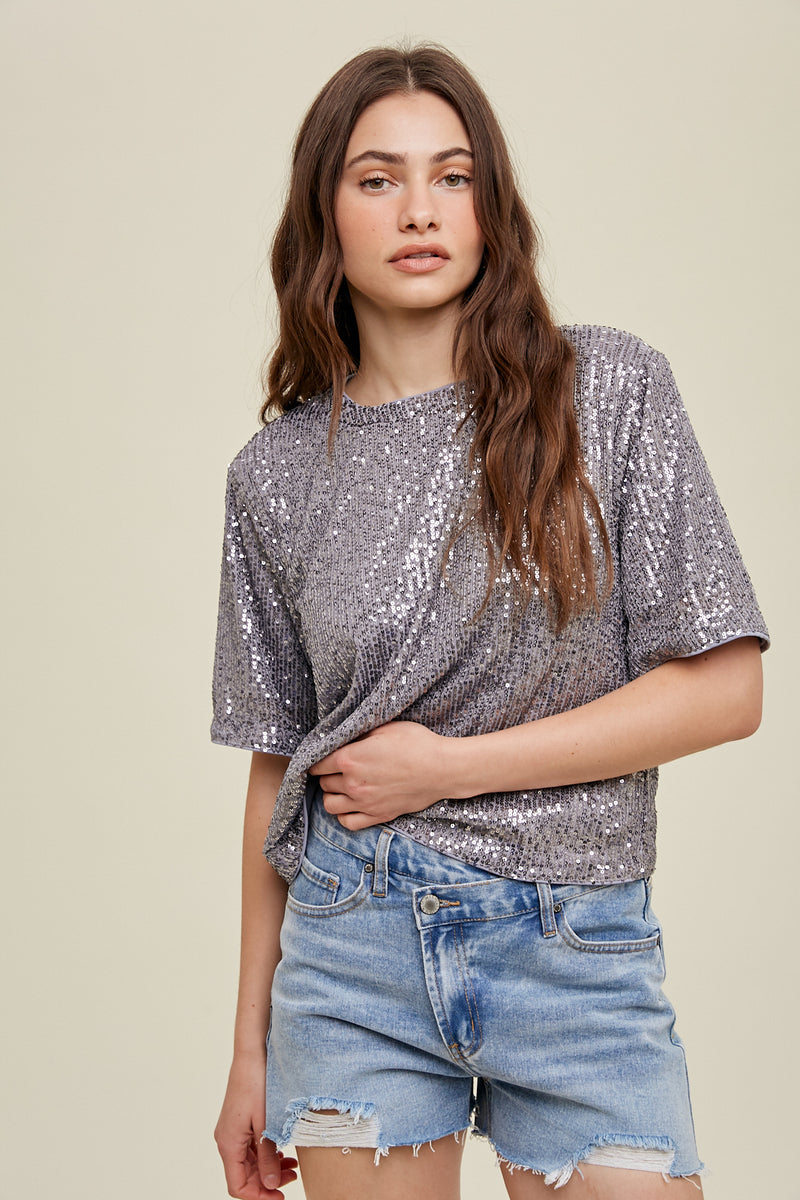 Silver Sequin Relaxed Crop Top