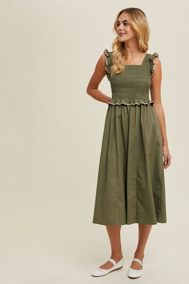 Olive Smocked Midi Dress