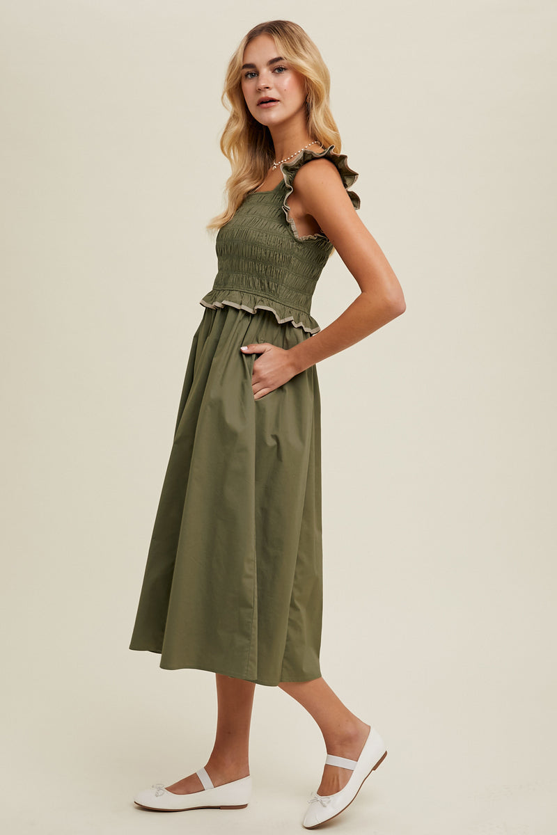 Olive Smocked Midi Dress