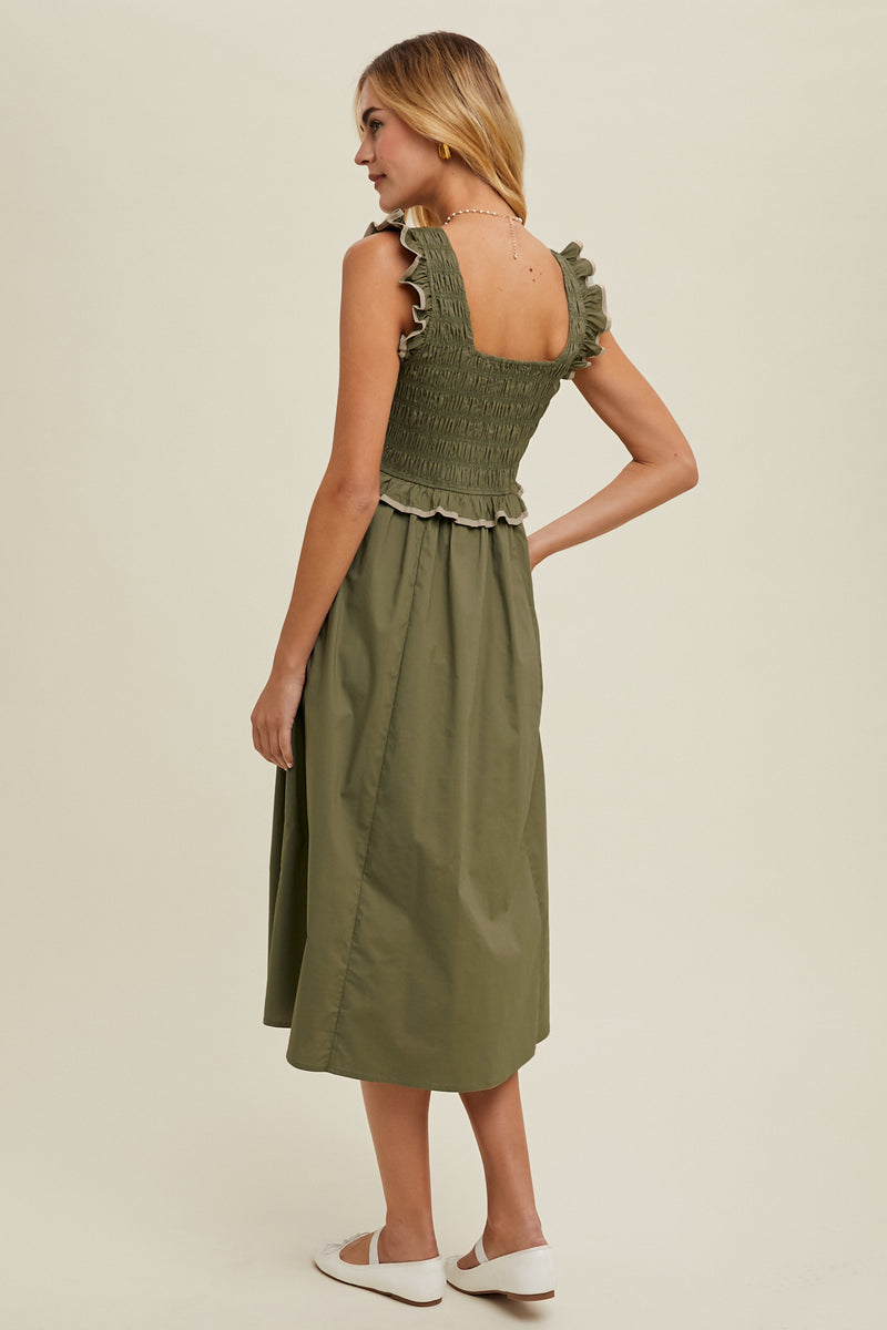 Olive Smocked Midi Dress