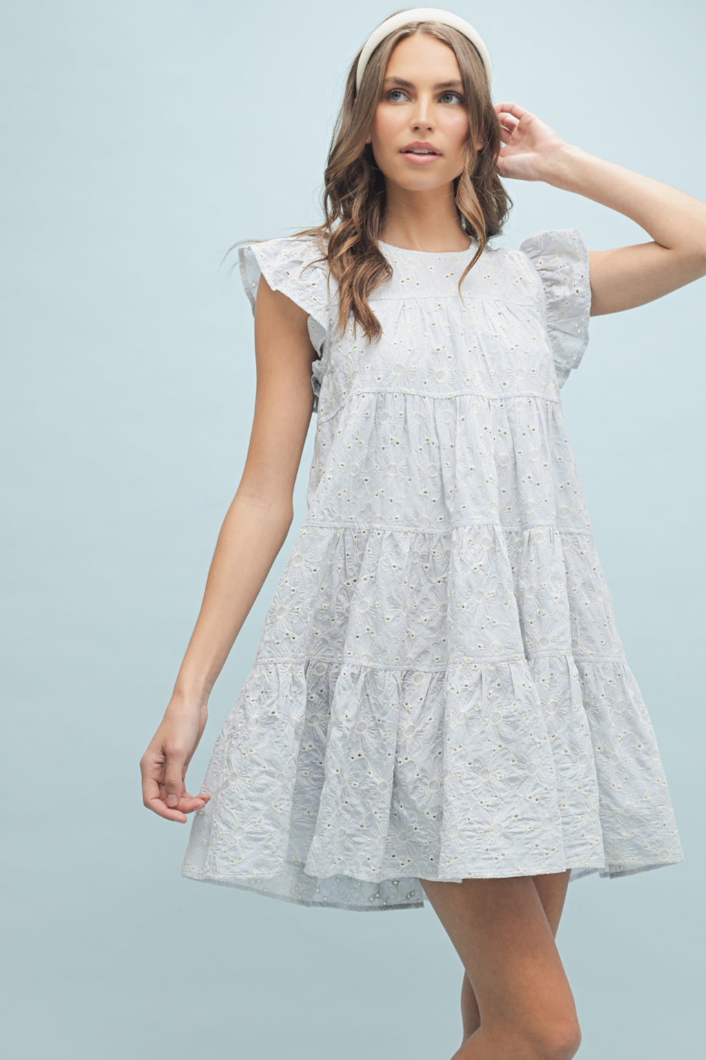 Eyelet Mini Ruffle Dress in White
