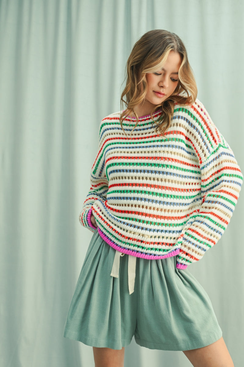 Striped Crochet Drop Shoulder Sweater