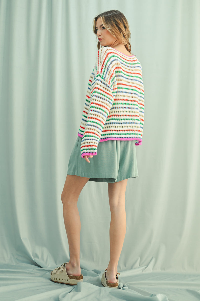 Striped Crochet Drop Shoulder Sweater