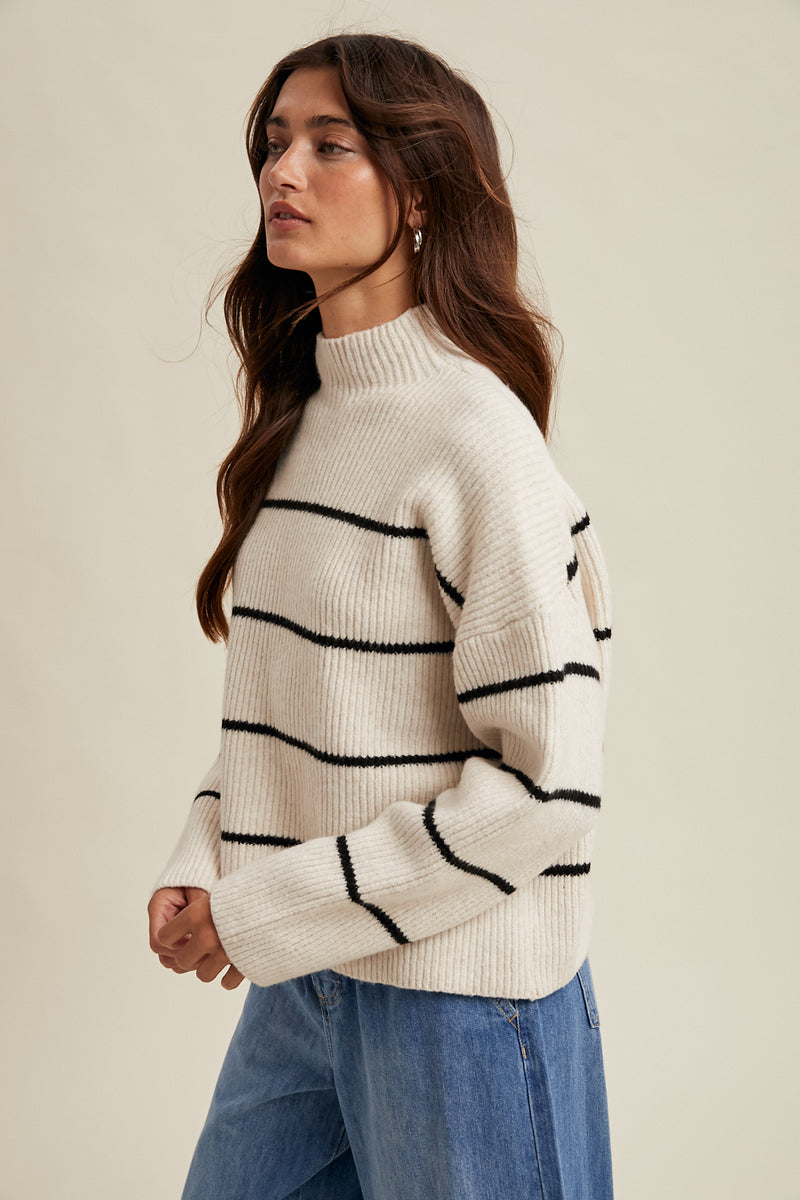 Off-White & Black Mock Neck Ribbed Knit Sweater