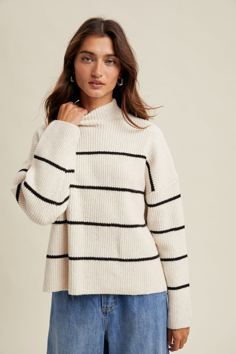 Off-White & Black Mock Neck Ribbed Knit Sweater