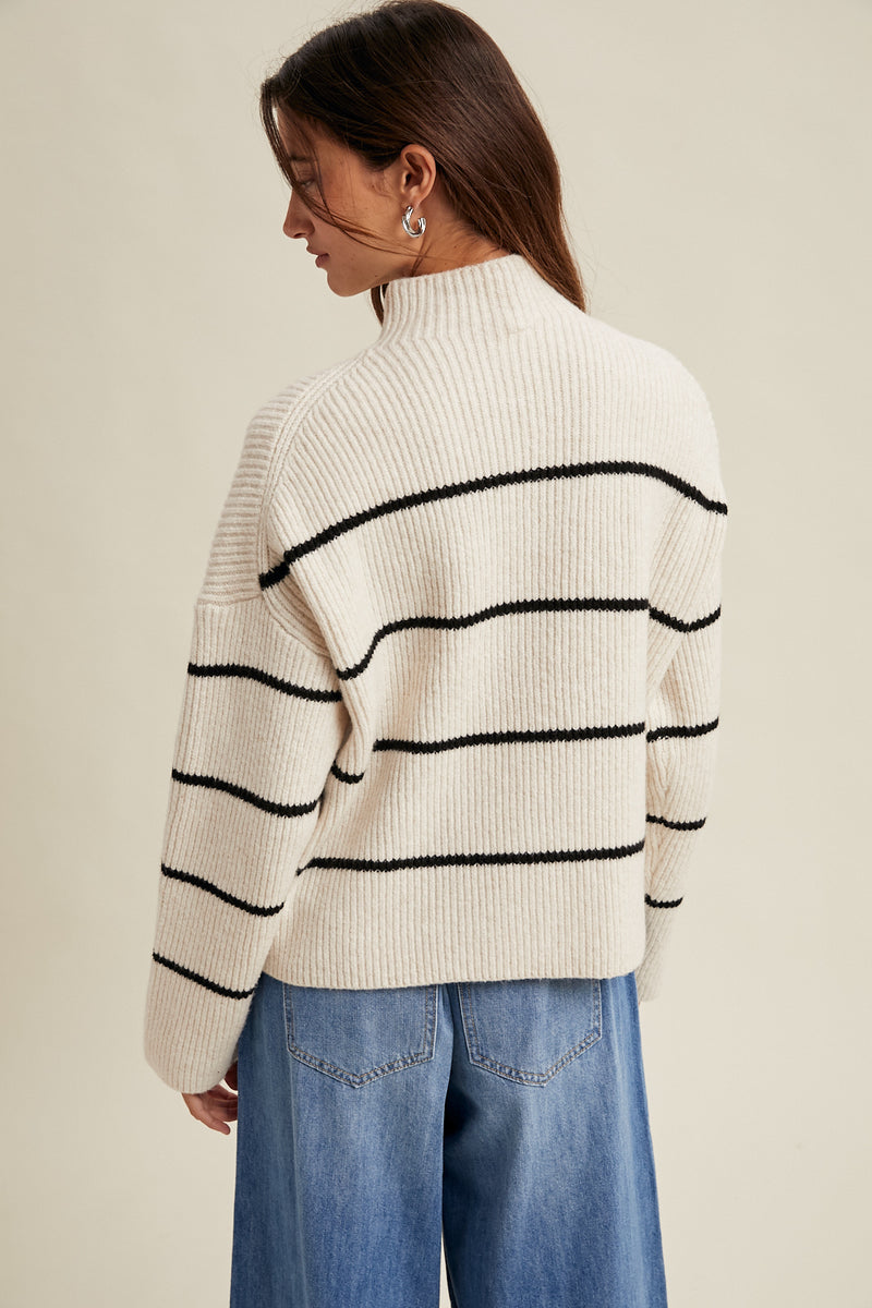 Off-White & Black Mock Neck Ribbed Knit Sweater