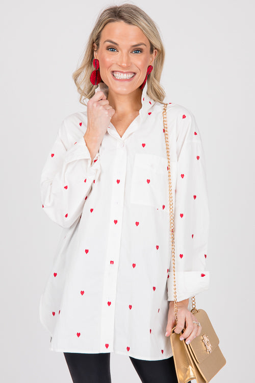 Red Heart Embroidery Button Up Blouse