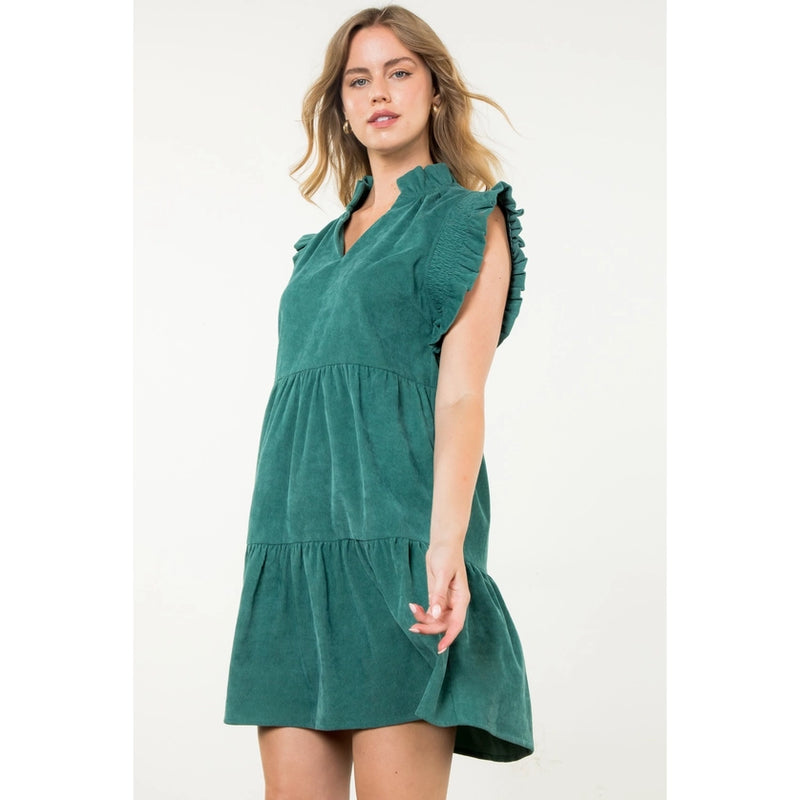 Green Flutter Sleeve Corduroy Dress