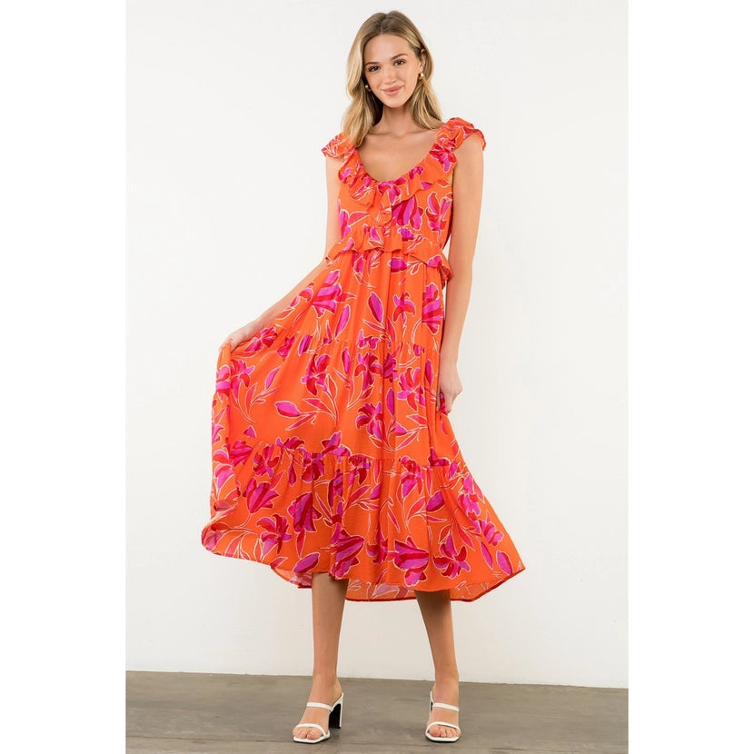 Flutter Sleeve Flower Print Midi Dress in Orange/Pink