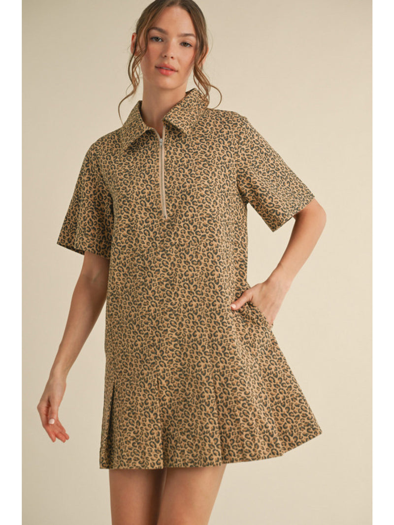 Leopard Mini Dress with Pleats