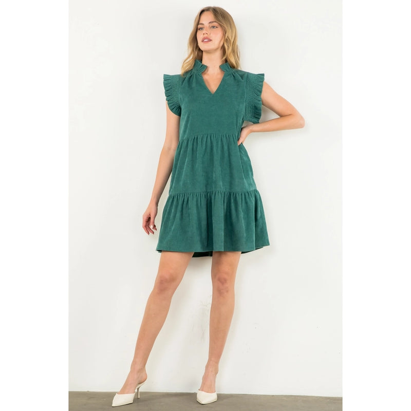 Green Flutter Sleeve Corduroy Dress