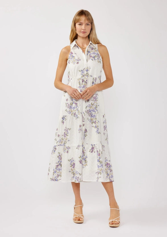 Floral Eyelet Sleeveless Tiered Shirt Dress in Lavendar