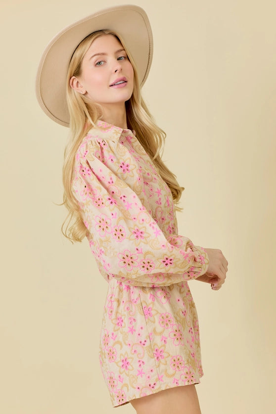 Long Sleeve Romper with Eyelet Embroidered Fabric in Natural with Hot Pink Flowers