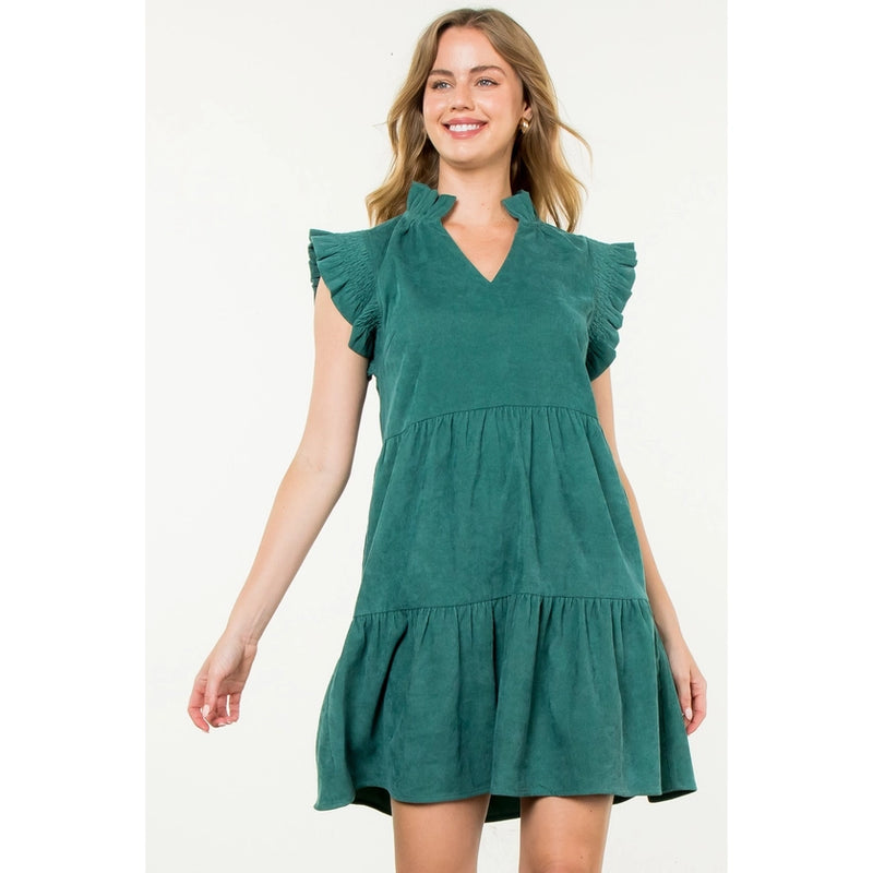 Green Flutter Sleeve Corduroy Dress