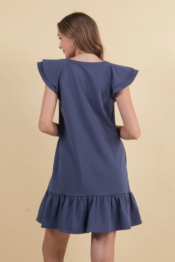 French Terry Double Ruffle Cap Sleeve Mini Dress