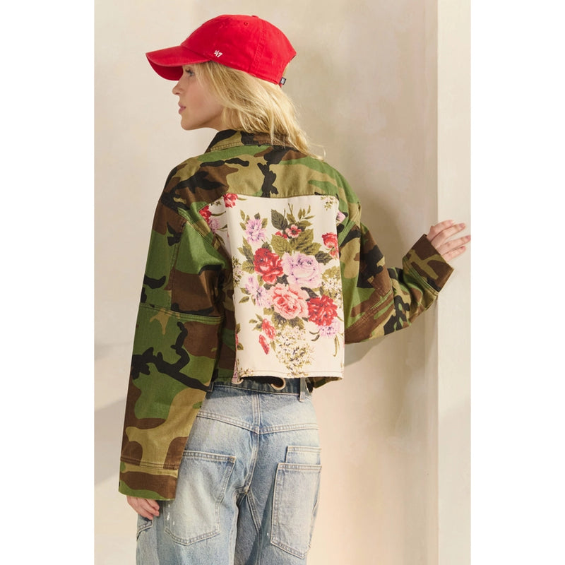 Camo Floral Crop Jacket With Floral Back