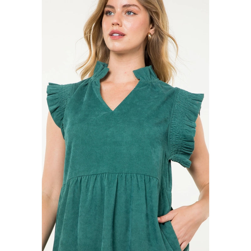 Green Flutter Sleeve Corduroy Dress