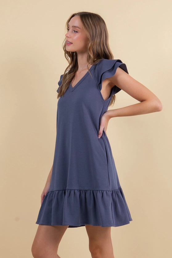 French Terry Double Ruffle Cap Sleeve Mini Dress