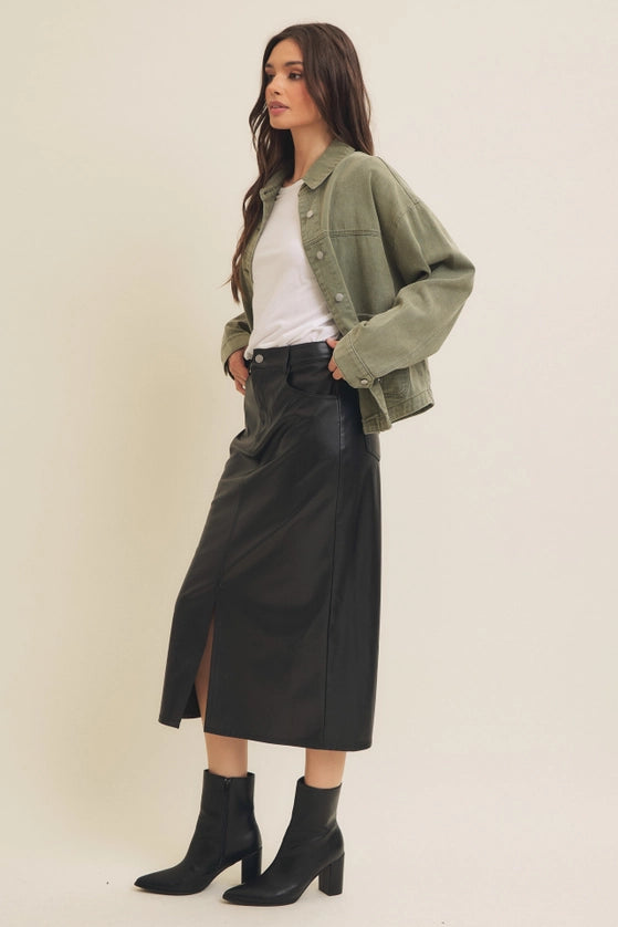 Stretchy Vegan Leather Midi Skirt with Front Slit