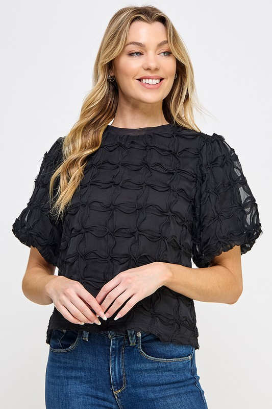 Puff Sleeve Textured Blouse in Black