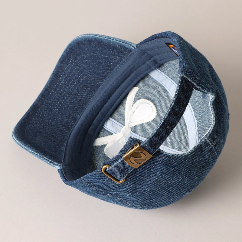 Dark Denim Trendy Bow Embroidered Denim Baseball Cap