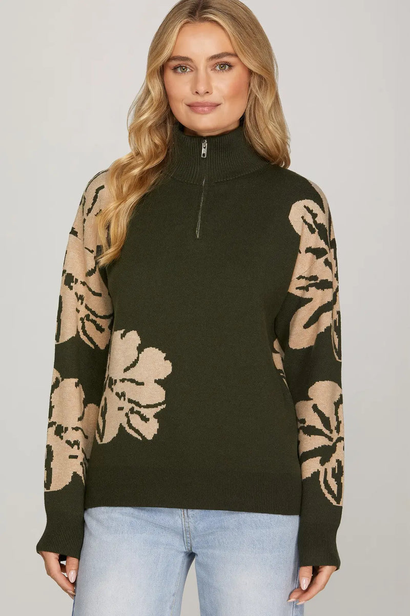 Floral Pattern Sweater in Olive