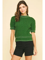 Cable Knit Short Sleeve Sweater in Green