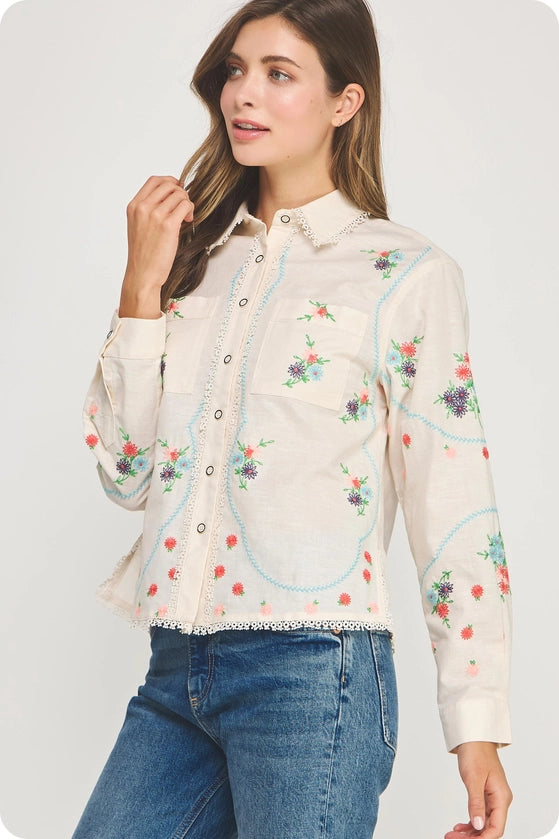 Flower Embroidery Long Sleeve Linen Shirt