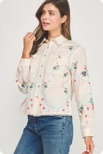 Flower Embroidery Long Sleeve Linen Shirt