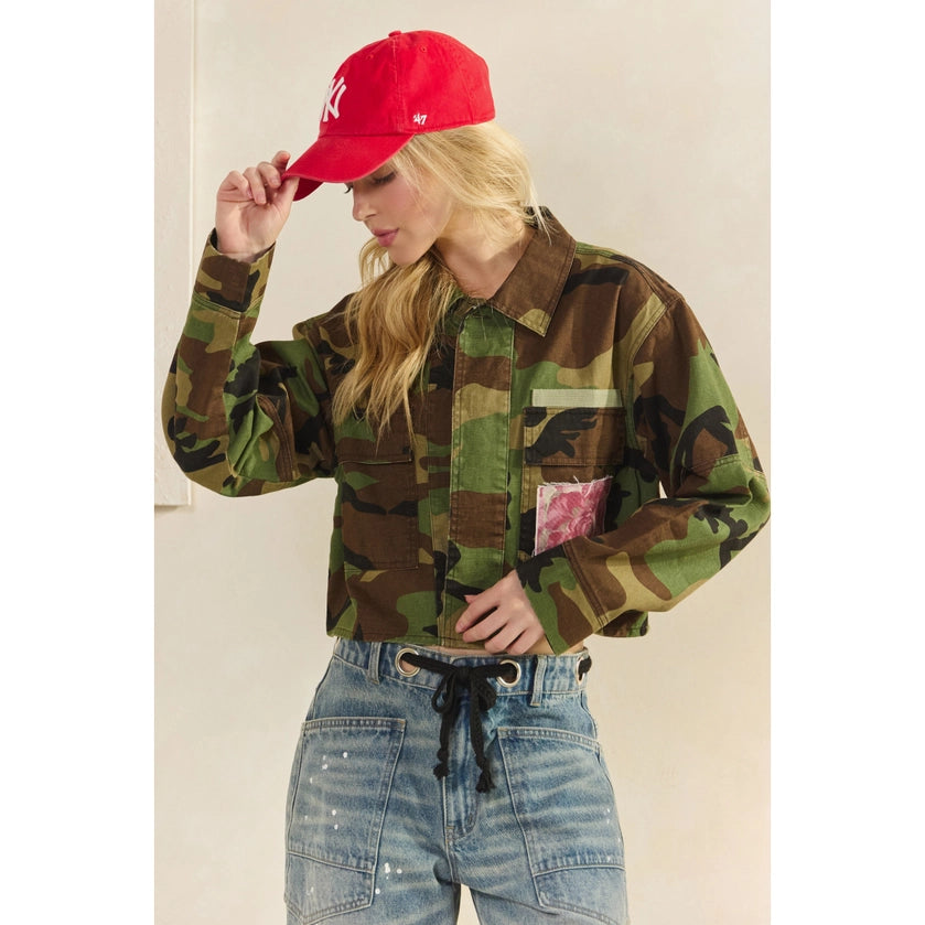 Camo Floral Crop Jacket With Floral Back