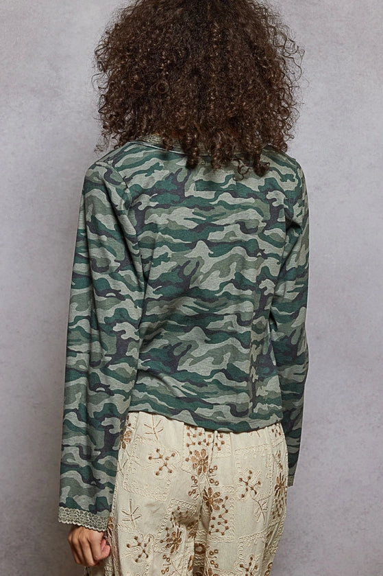 Camo Ribbed Knit Henley Top
