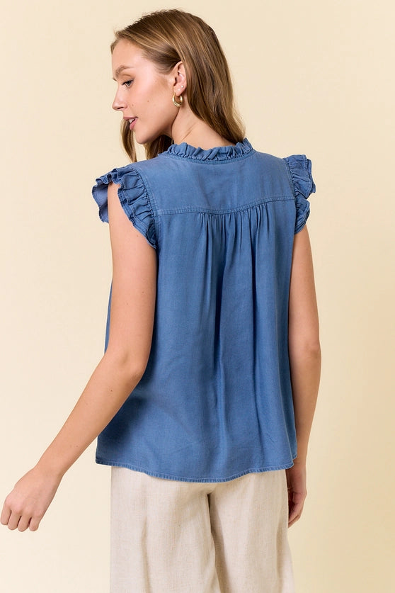 Chambray Button Front Ruffle Sleeveless Top -