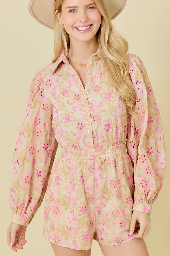 Long Sleeve Romper with Eyelet Embroidered Fabric in Natural with Hot Pink Flowers