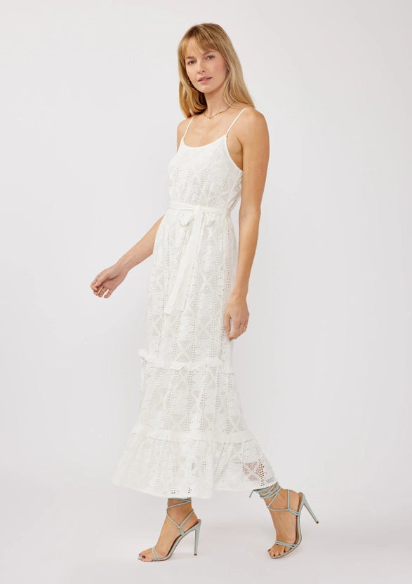 White Eyelet Spaghetti Strap Tiered Maxi Dress with Waist Tie