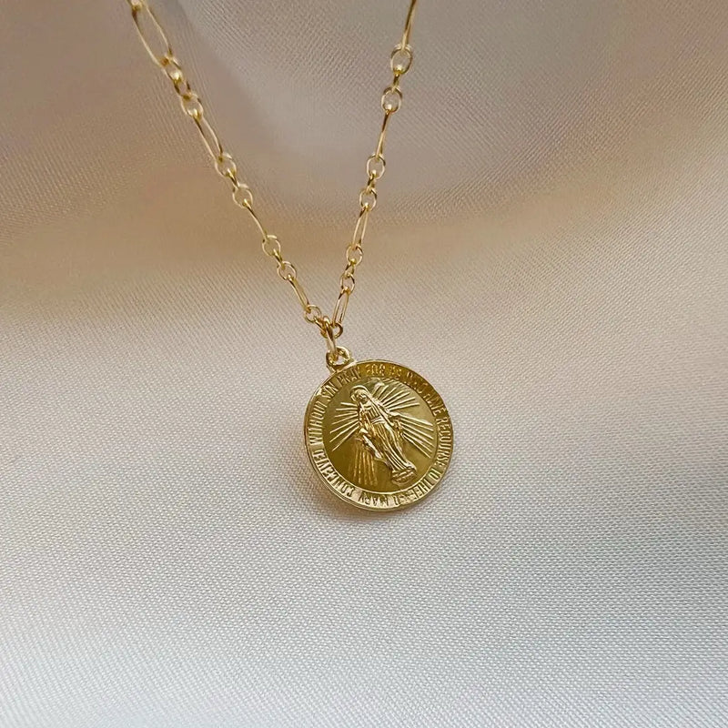 Our Lady Virgin Mary Religious Necklace Gold Filled