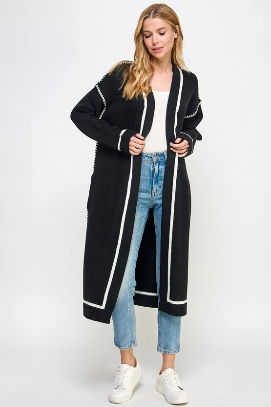 Black Long Cardigan with With Contrast Stitch