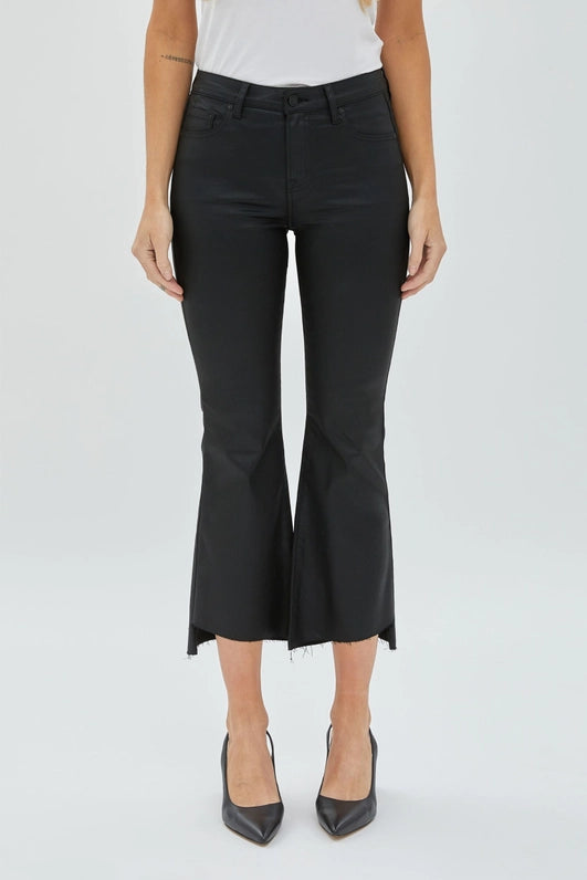 Black Coated Step Hem Cropped Flare Jean