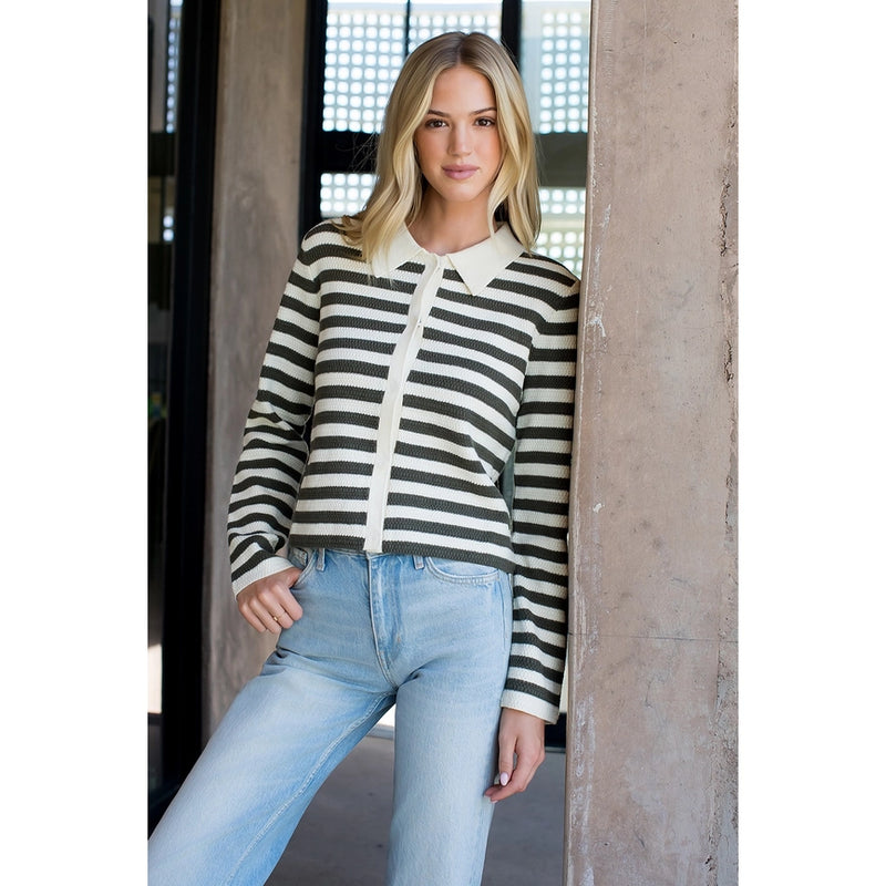 THML Knit Olive Stripe Cardigan Sweater