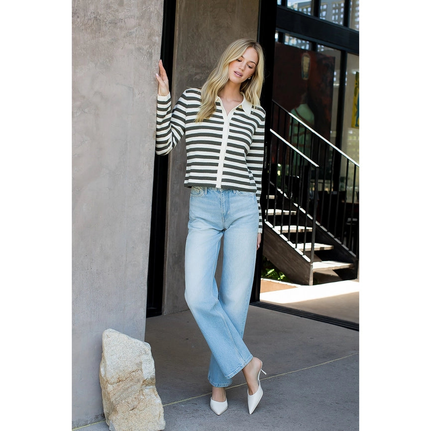 THML Knit Olive Stripe Cardigan Sweater
