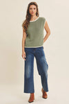 Contrast Rolled Edge Knitted Sweater Vest with Round Neck in Hazel Green