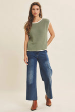 Contrast Rolled Edge Knitted Sweater Vest with Round Neck in Hazel Green