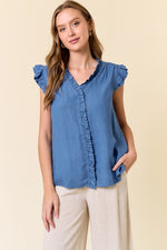 Chambray Button Front Ruffle Sleeveless Top -