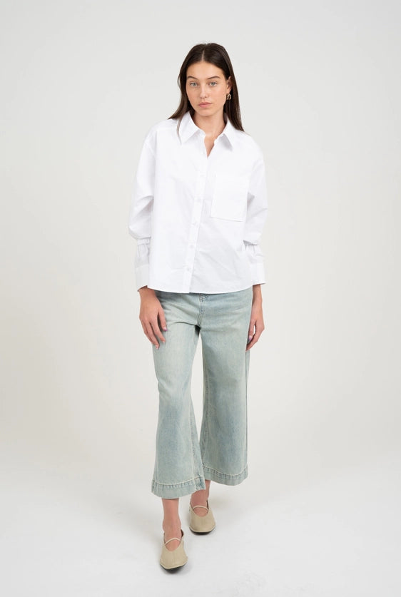 Cotton Classic White Blouse With Gathered Sleeve