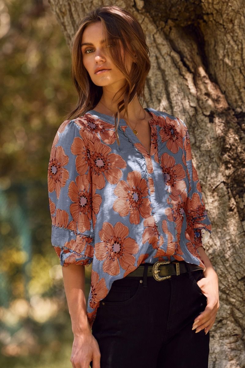 Denim Blue Floral Print Blouse