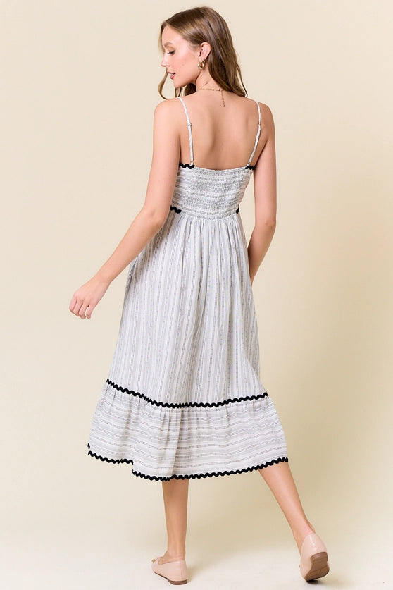 Striped Rick Rack Trimmed Tiered Midi Dress