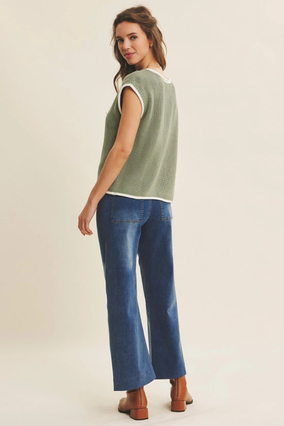 Contrast Rolled Edge Knitted Sweater Vest with Round Neck in Hazel Green