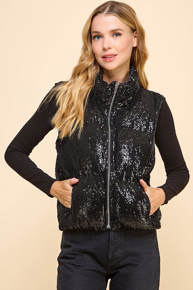 Black Sequin Puffy Vest with Zipper