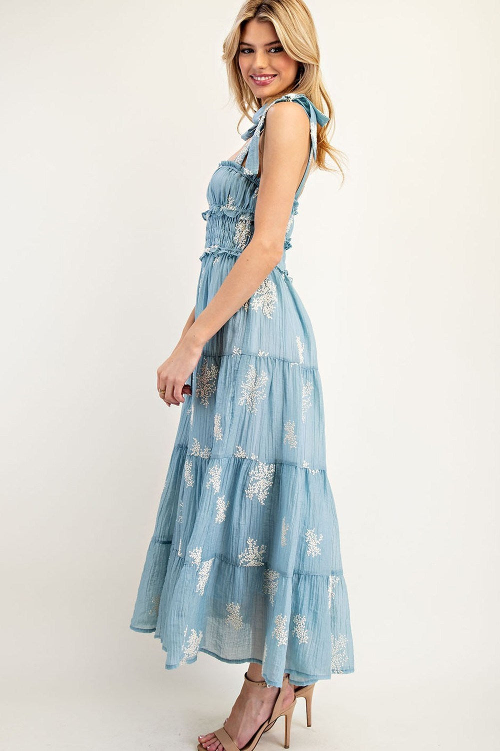 Embroidered Tiered Maxi Dress in Icy Blue