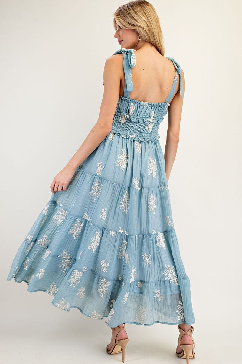 Embroidered Tiered Maxi Dress in Icy Blue