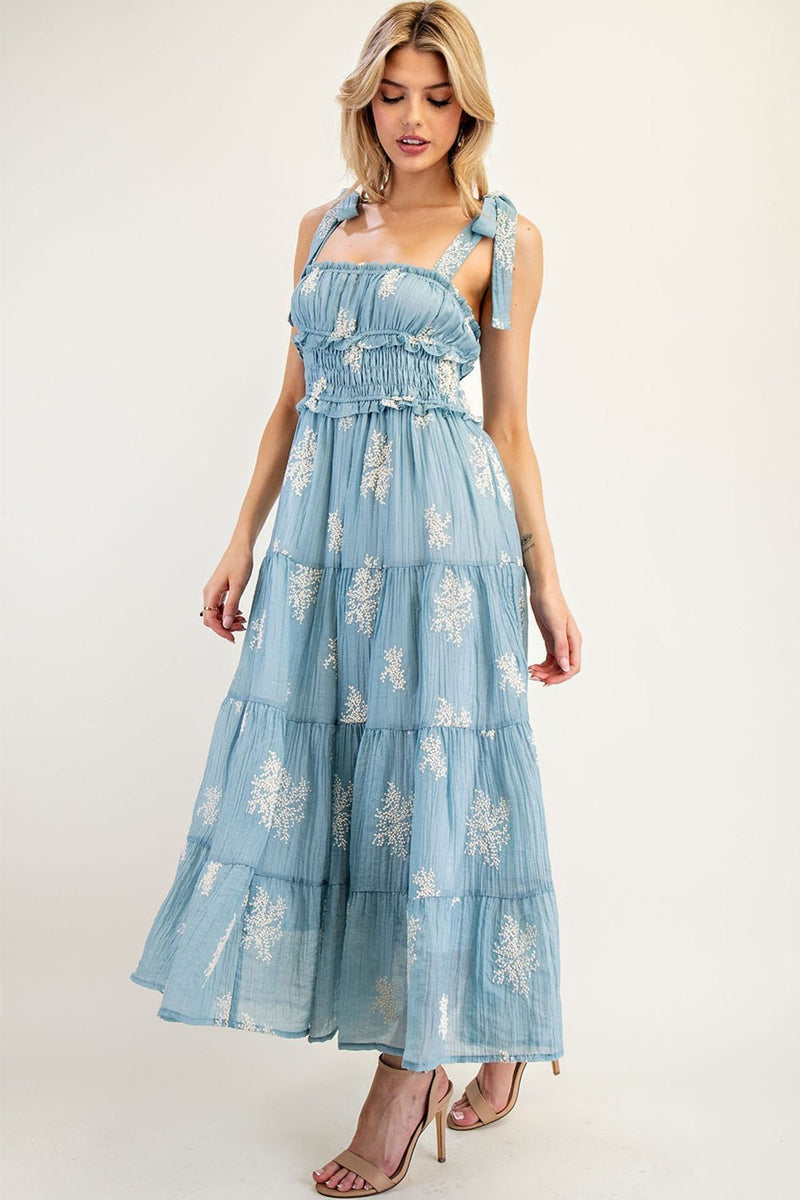 Embroidered Tiered Maxi Dress in Icy Blue